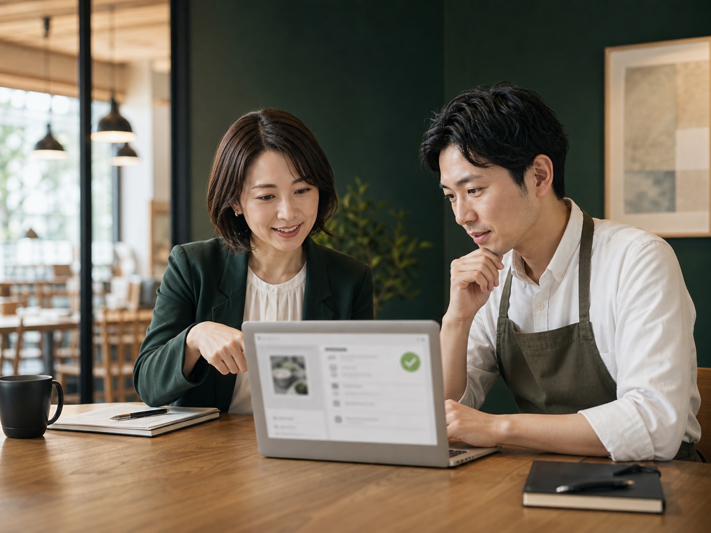 本部担当者と店舗スタッフが投稿内容を確認している様子