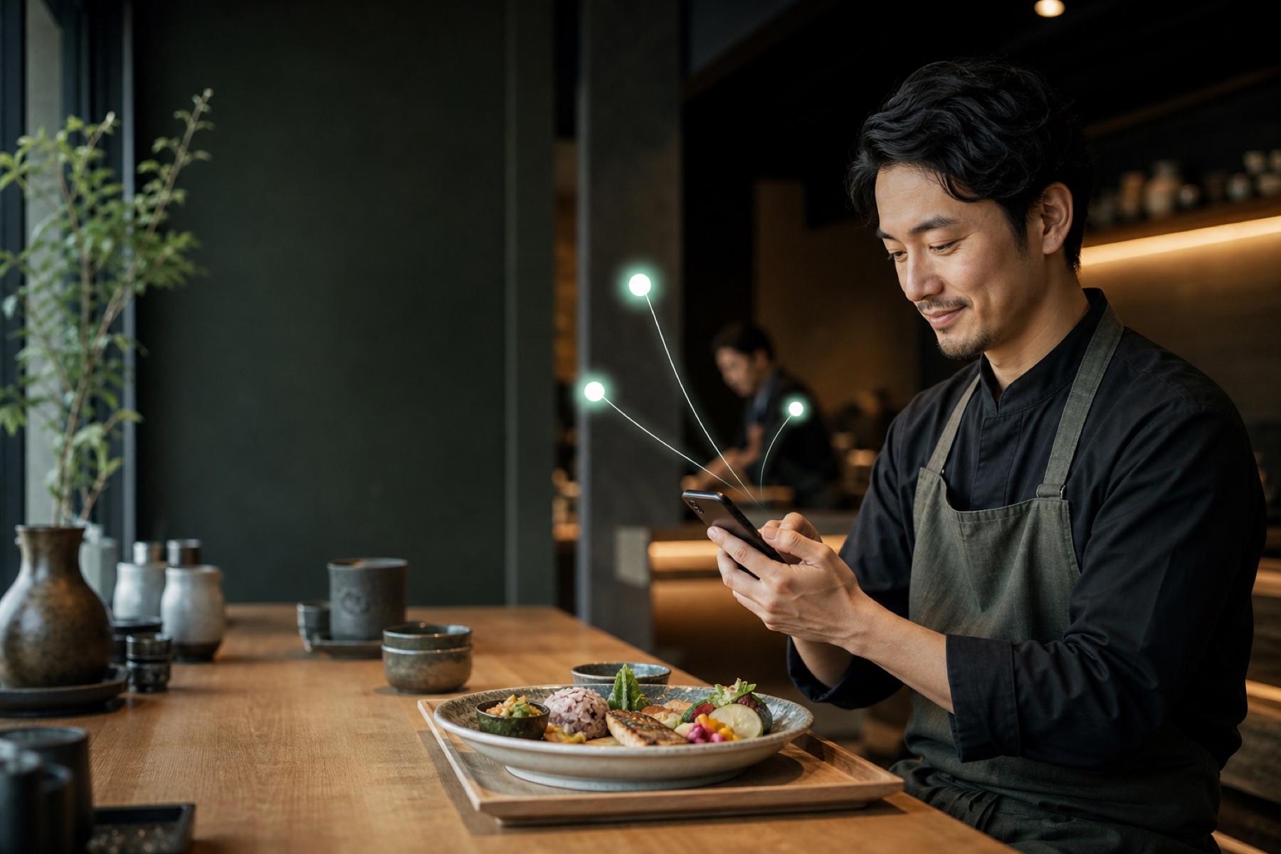 レストランオーナーが料理写真からSNS投稿を作成している様子