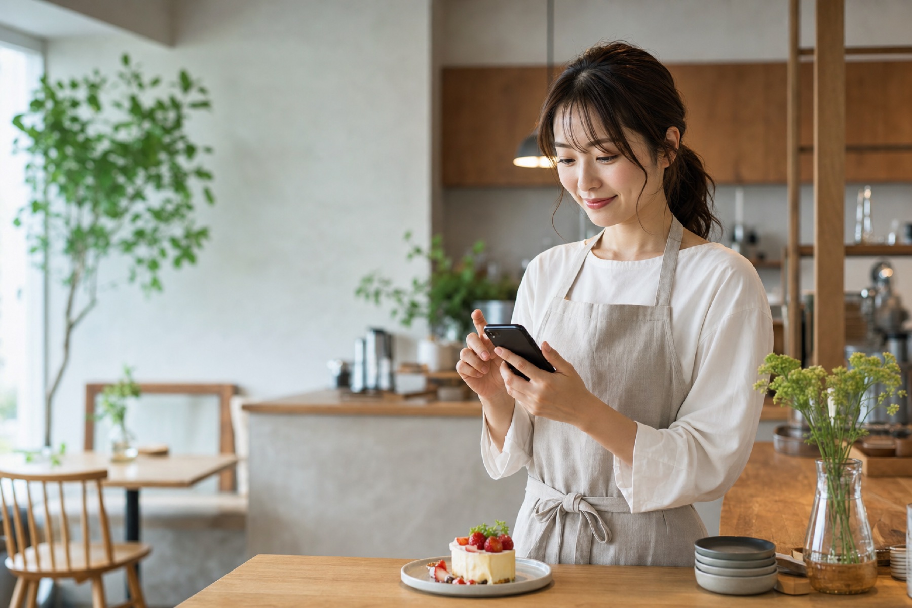 店舗でスマートフォンを操作するスタッフ