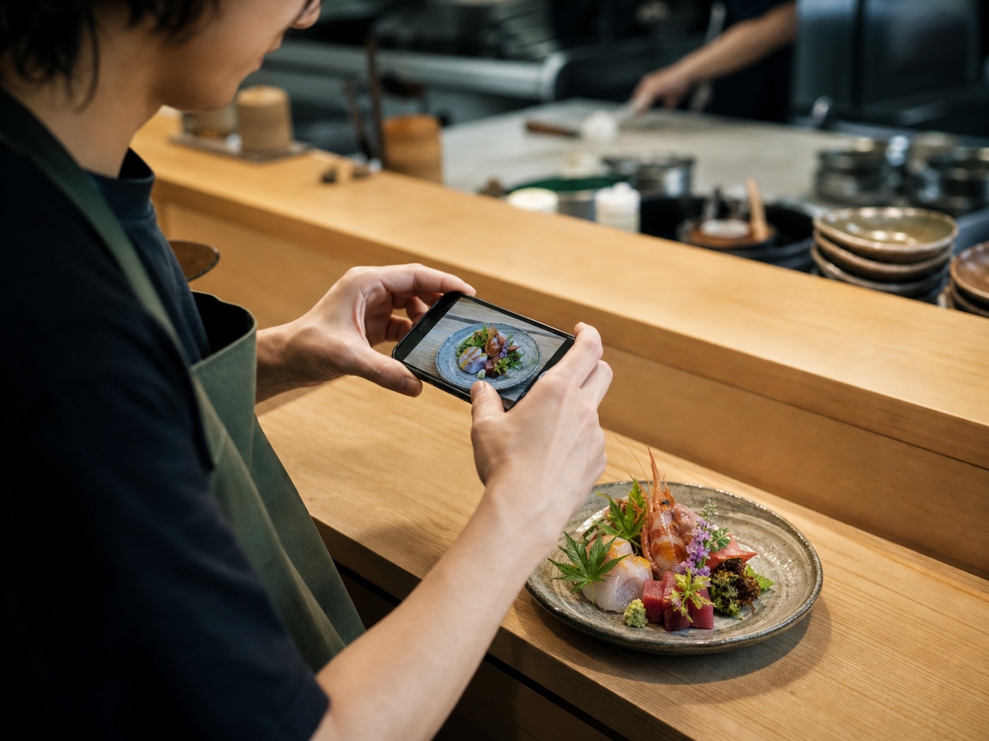 スタッフがスマートフォンで料理を撮影している様子