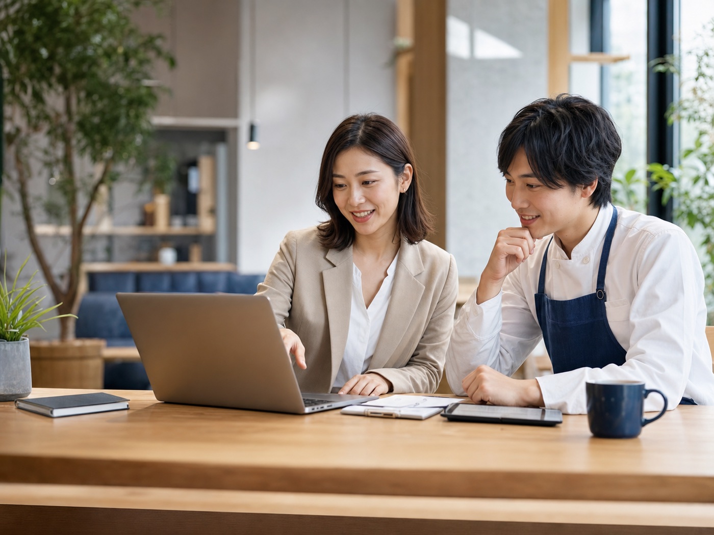 本部担当者と店舗スタッフがパソコンで投稿内容を確認している様子